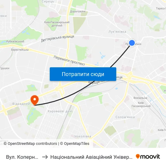 Вул. Коперника to Національний Авіаційний Університет map