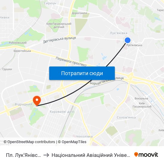 Пл. Лук'Янівська to Національний Авіаційний Університет map