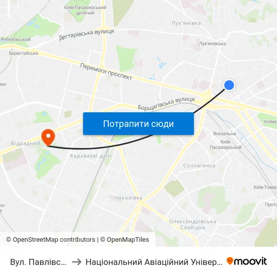 Вул. Павлівська to Національний Авіаційний Університет map