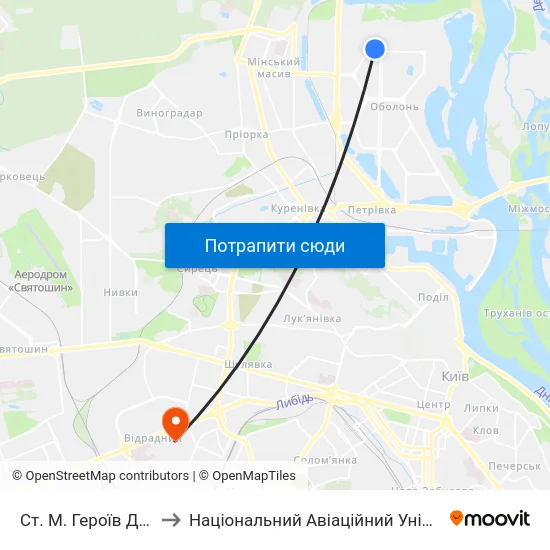 Ст. М. Героїв Дніпра to Національний Авіаційний Університет map