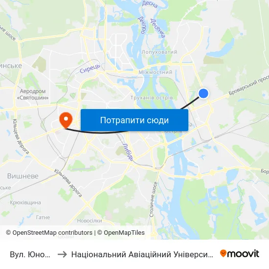 Вул. Юності to Національний Авіаційний Університет map
