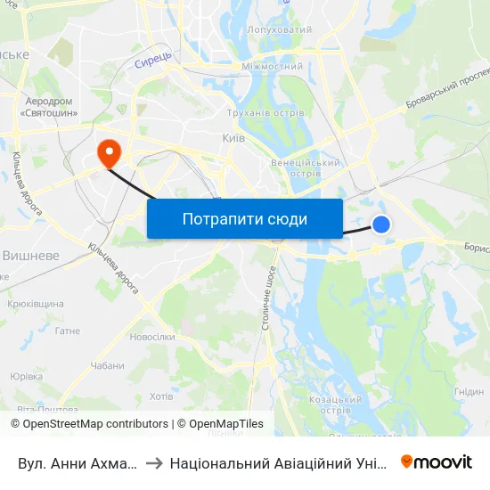 Вул. Анни Ахматової to Національний Авіаційний Університет map