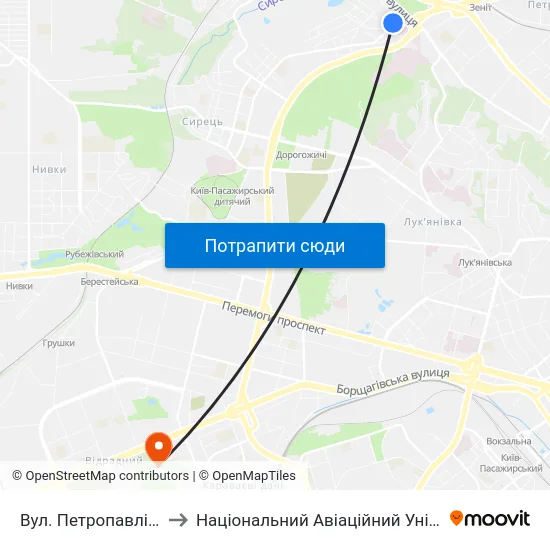 Вул. Петропавлівська to Національний Авіаційний Університет map