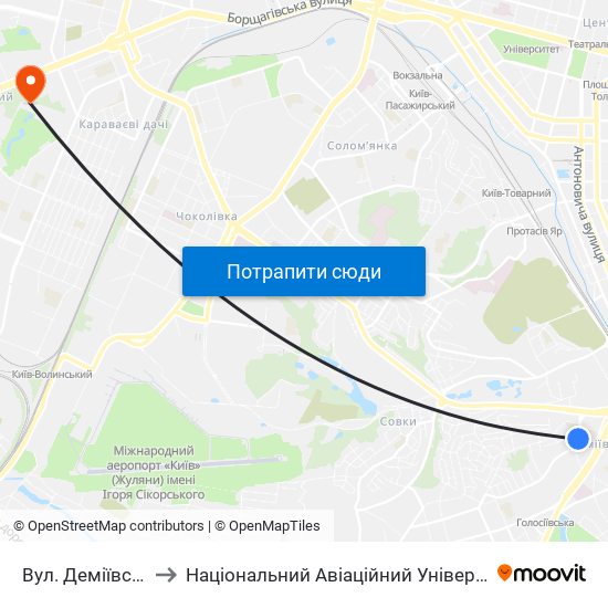 Вул. Деміївська to Національний Авіаційний Університет map