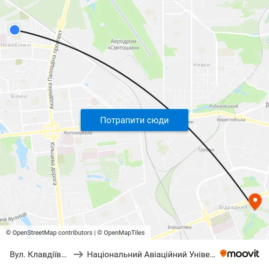 Вул. Клавдіївська to Національний Авіаційний Університет map