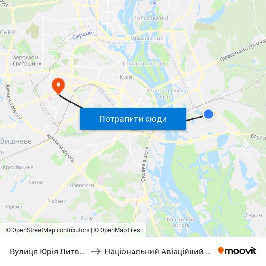 Вулиця Юрія Литвинського to Національний Авіаційний Університет map