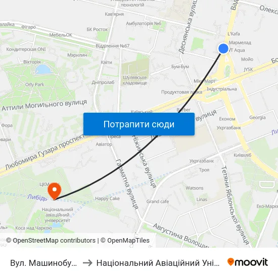 Вул. Машинобудівна to Національний Авіаційний Університет map