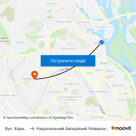 Вул. Хорива to Національний Авіаційний Університет map