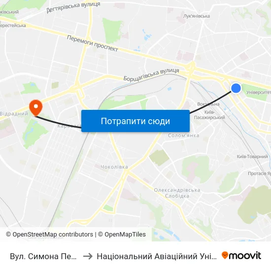Вул. Симона Петлюри to Національний Авіаційний Університет map