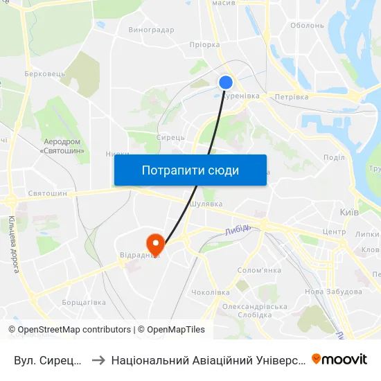 Вул. Сирецька to Національний Авіаційний Університет map