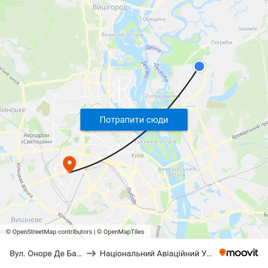 Вул. Оноре Де Бальзака to Національний Авіаційний Університет map