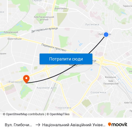 Вул. Глибочицька to Національний Авіаційний Університет map