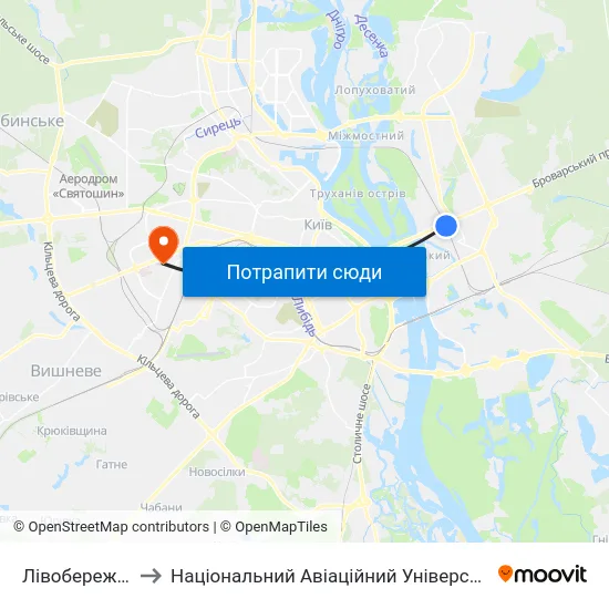 Лівобережна to Національний Авіаційний Університет map