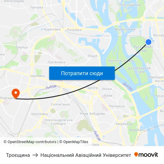 Троєщина to Національний Авіаційний Університет map