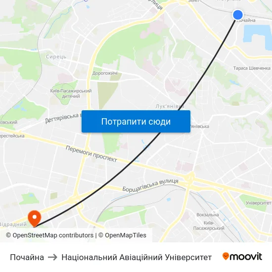 Почайна to Національний Авіаційний Університет map