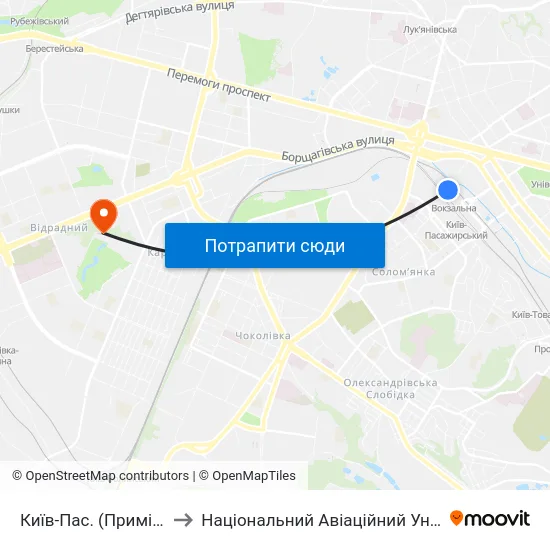 Київ-Пас. (Приміський) to Національний Авіаційний Університет map