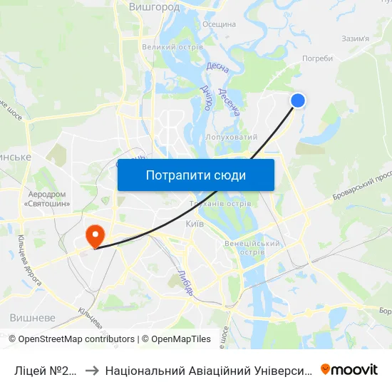 Ліцей №293 to Національний Авіаційний Університет map