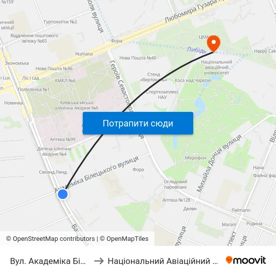 Вул. Академіка Білецького to Національний Авіаційний Університет map