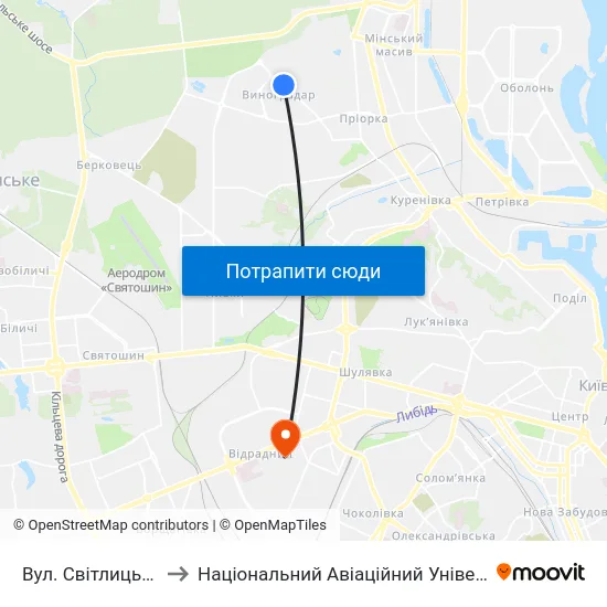 Вул. Світлицького to Національний Авіаційний Університет map