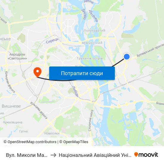 Вул. Миколи Матеюка to Національний Авіаційний Університет map