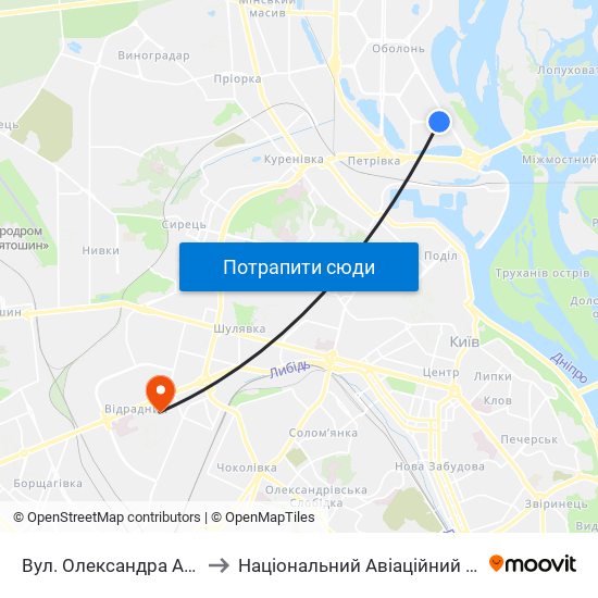 Вул. Олександра Архипенка to Національний Авіаційний Університет map