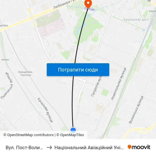 Вул. Пост-Волинська to Національний Авіаційний Університет map