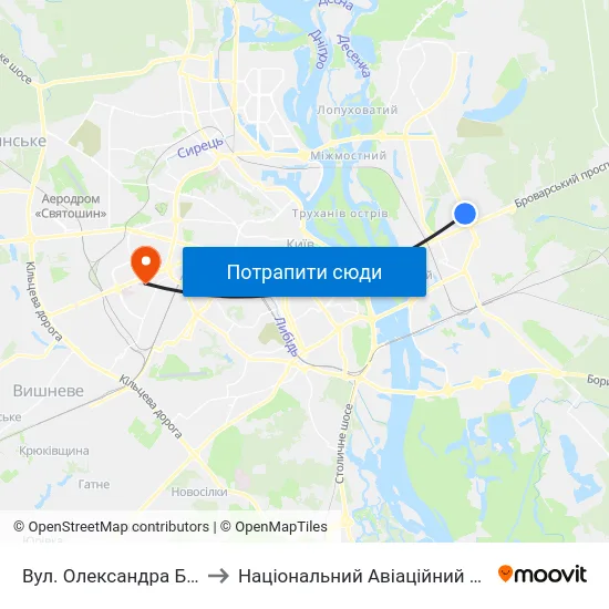Вул. Олександра Бойченка to Національний Авіаційний Університет map