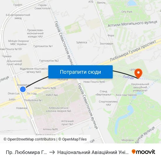 Пр. Любомира Гузара to Національний Авіаційний Університет map