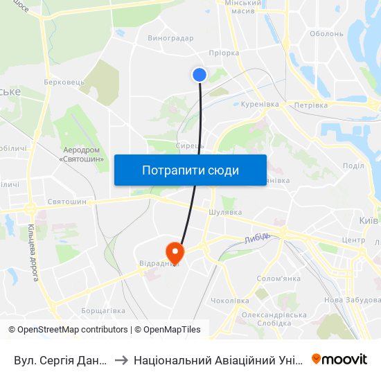 Вул. Сергія Данченка to Національний Авіаційний Університет map