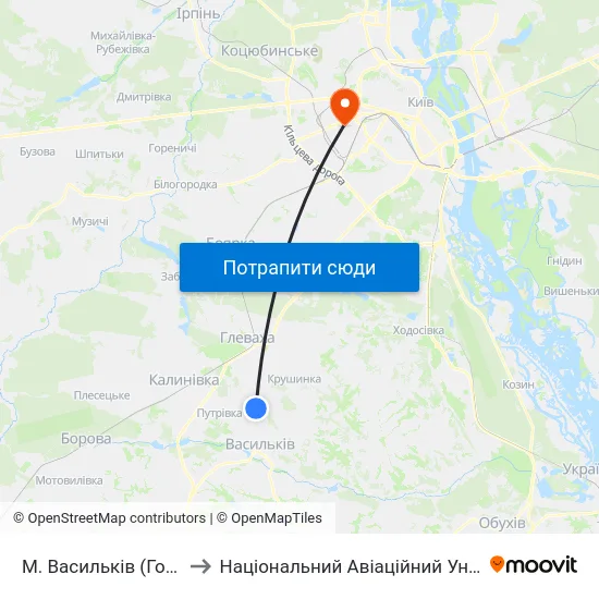 М. Васильків (Городок) to Національний Авіаційний Університет map
