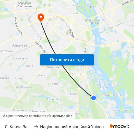 С. Конча-Заспа to Національний Авіаційний Університет map