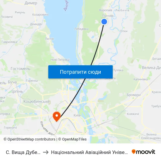 С. Вища Дубечня to Національний Авіаційний Університет map