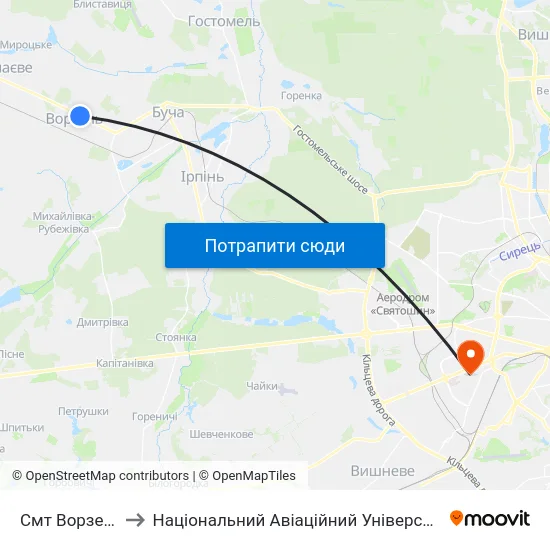 Смт Ворзель to Національний Авіаційний Університет map