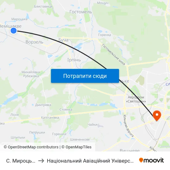С. Мироцьке to Національний Авіаційний Університет map
