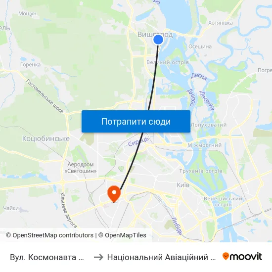 Вул. Космонавта Поповича to Національний Авіаційний Університет map