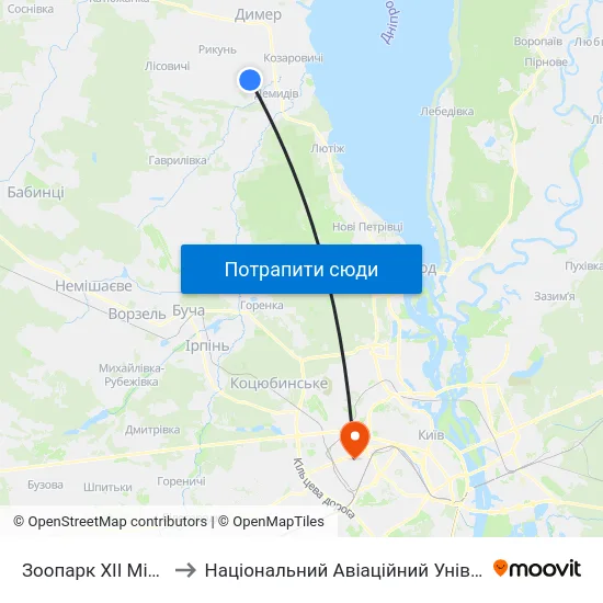 Зоопарк XII Місяців to Національний Авіаційний Університет map