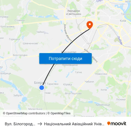 Вул. Білогородська to Національний Авіаційний Університет map