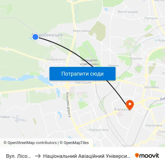 Вул. Лісова to Національний Авіаційний Університет map