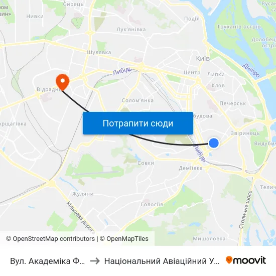Вул. Академіка Філатова to Національний Авіаційний Університет map