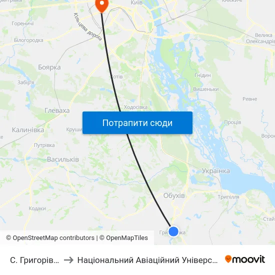 С. Григорівка to Національний Авіаційний Університет map