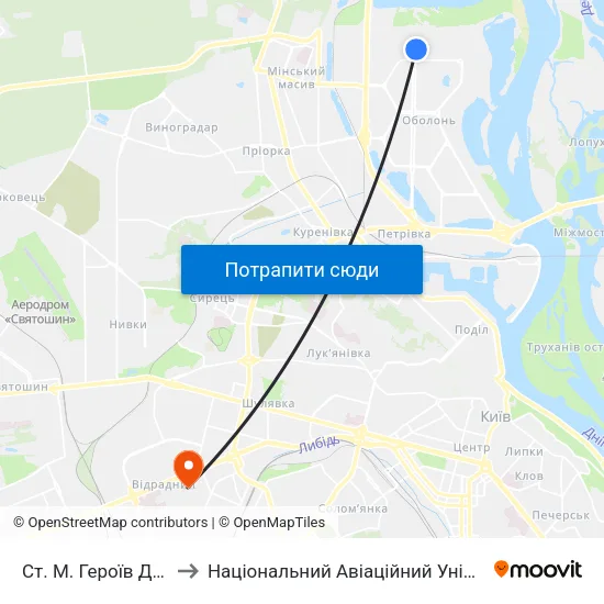 Ст. М. Героїв Дніпра to Національний Авіаційний Університет map