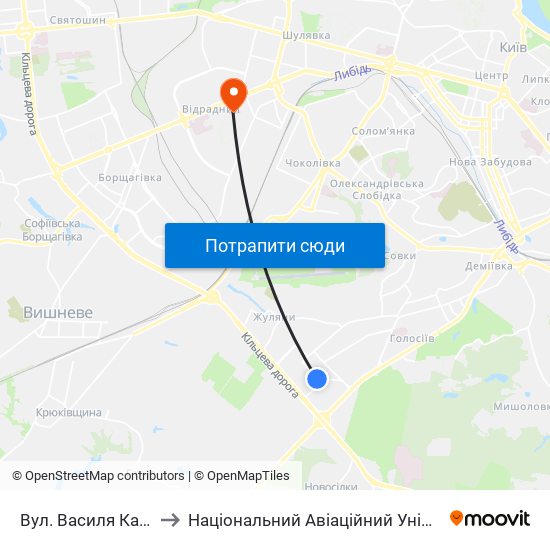 Вул. Василя Касіяна to Національний Авіаційний Університет map