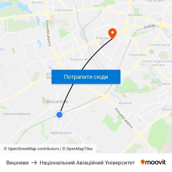 Вишневе to Національний Авіаційний Університет map