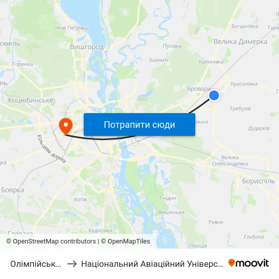 Олімпійська-1 to Національний Авіаційний Університет map