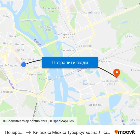 Печерська to Київська Міська Туберкульозна Лікарня №1 map