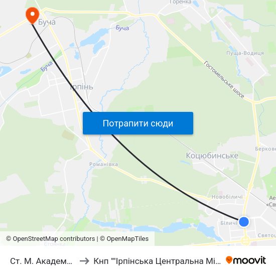 Ст. М. Академмістечко to Кнп ""Ірпінська Центральна Міська Лікарня"" map
