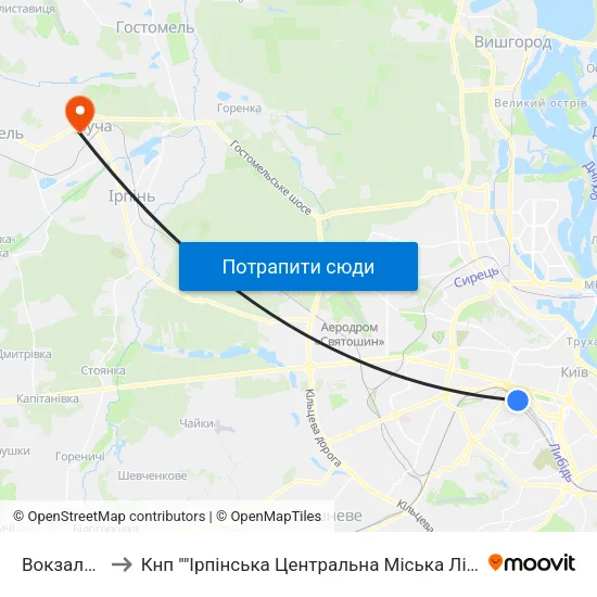 Вокзальна to Кнп ""Ірпінська Центральна Міська Лікарня"" map