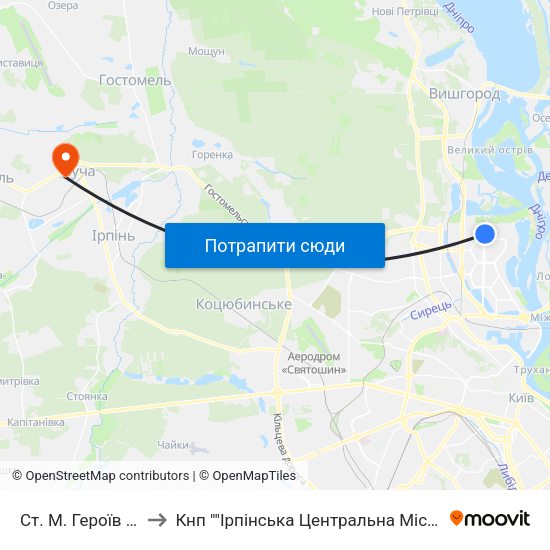 Ст. М. Героїв Дніпра to Кнп ""Ірпінська Центральна Міська Лікарня"" map