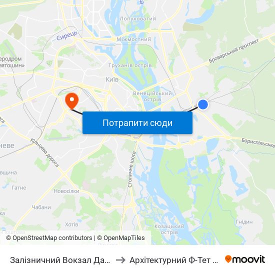 Залізничний Вокзал Дарниця to Архітектурний Ф-Тет Кнуба map