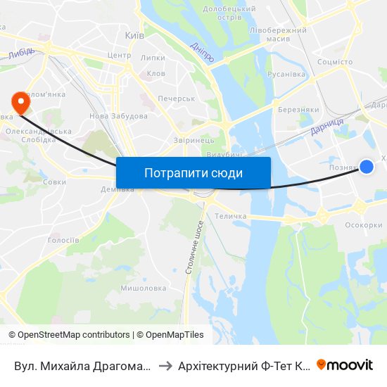 Вул. Михайла Драгоманова to Архітектурний Ф-Тет Кнуба map